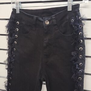 Stylish GROMMET Black Jeans with Fringe Detail, Size M
